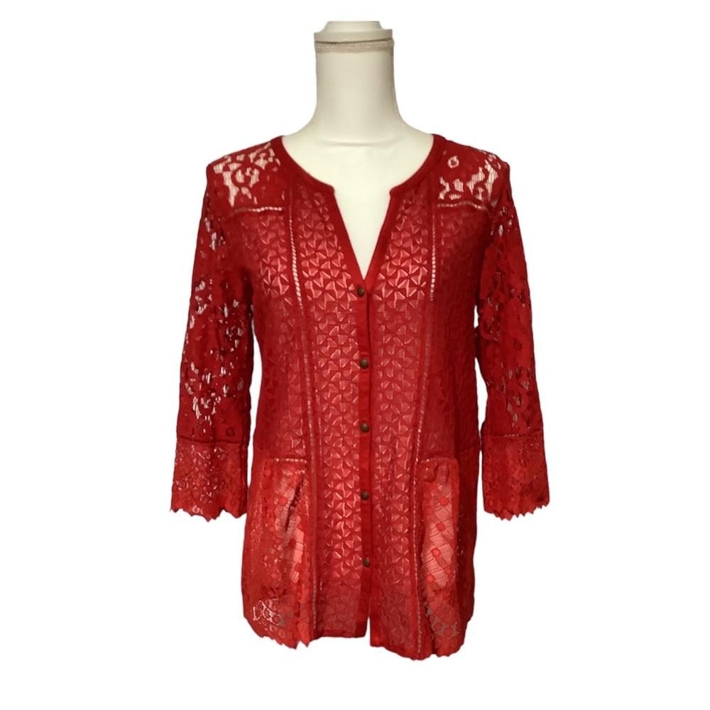 Lucky Brand Blouse Top Womens Size Med City Romance Christmas Red Classy Lace